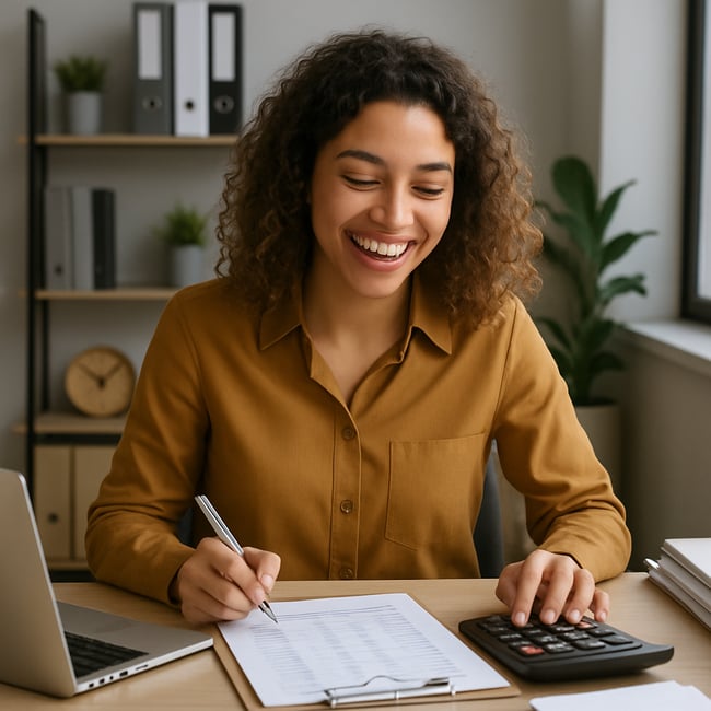 a young lady doing accounts in an office happy and delighted in her work at teh ease she can work a young lady doing accounts in an office happy and delighted in her work at teh ease she can work